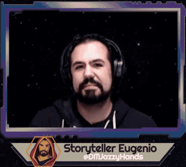 a picture of a man with headphones and the name storyteller eugenio on it