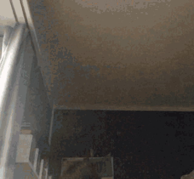 a person standing in a room with a gray curtain