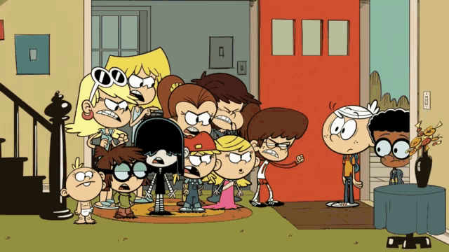 a group of loud house characters are standing in front of a door