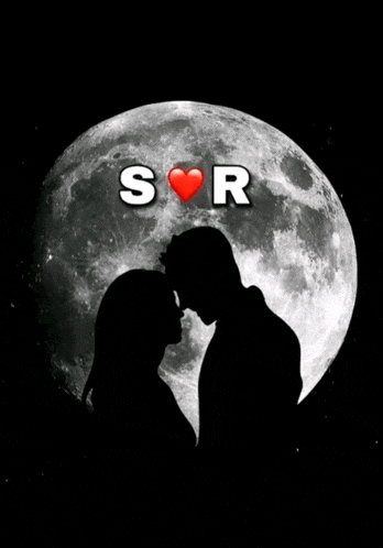 a silhouette of a man and a woman kissing in front of a full moon with the letters s and r above them