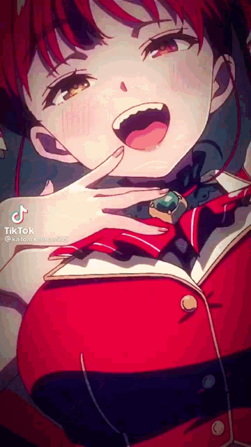 a close up of a red haired anime girl with a ring in her mouth .