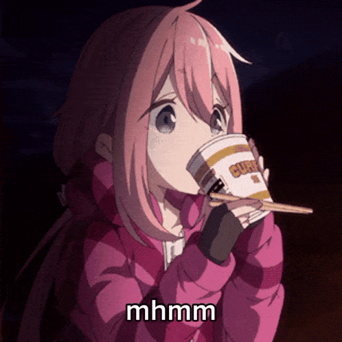 a girl with pink hair is drinking from a cup of curry