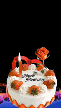 a birthday cake with strawberries and a candle that says " happy birthday "