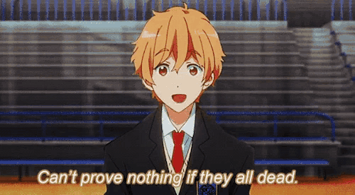 a boy in a suit and tie is saying `` can 't prove nothing if they all dead ''