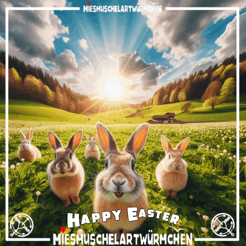 a group of rabbits standing in a field with the words happy easter
