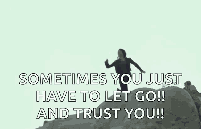 a woman is standing on top of a rocky hill with the words `` sometimes you just have to let go and trust you '' .
