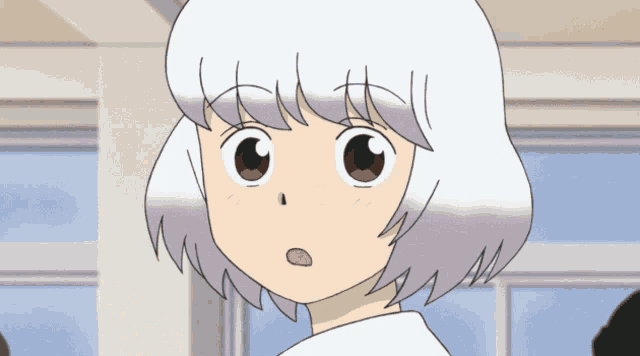 a cartoon of a girl with white hair and a tokyo mx logo behind her
