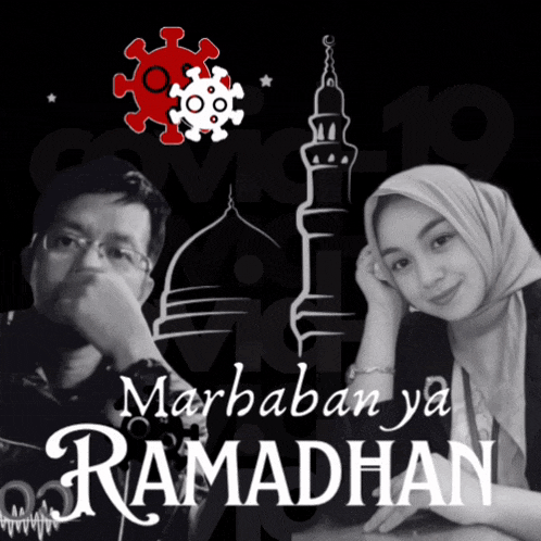 a man and a woman sitting in front of a mosque with the words marbaban ya ramadhan on the bottom