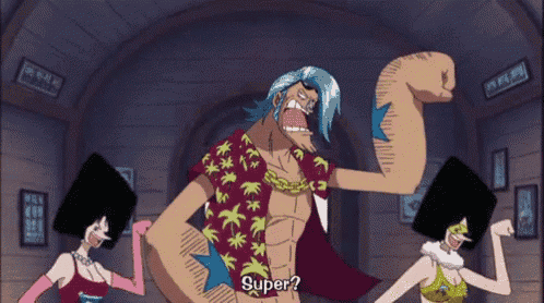 a man in a hawaiian shirt is standing in a room with two women and says " super "
