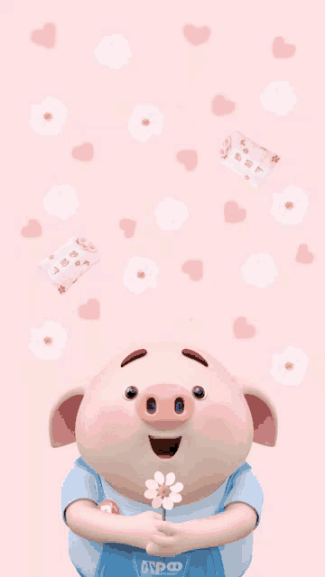 a pig holding a flower with the word depo on his shirt