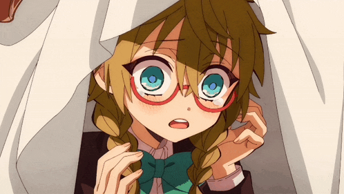 a girl with glasses and braids looks surprised