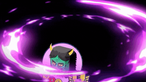 a cartoon character with horns is surrounded by a purple swirl .