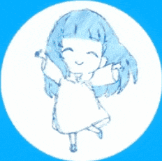 a drawing of a little girl with blue hair in a white circle