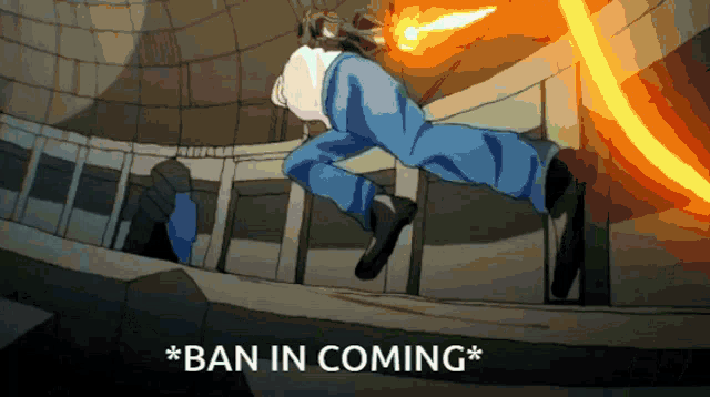 a cartoon of a man jumping with the words * ban in coming *