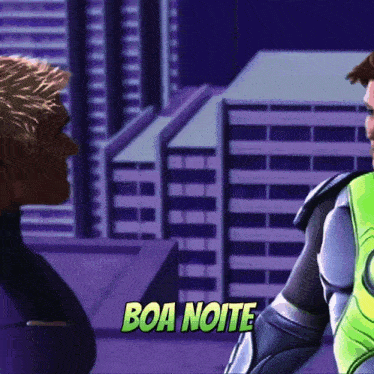 a man in a green suit is standing next to another man with the words boa noite written above them