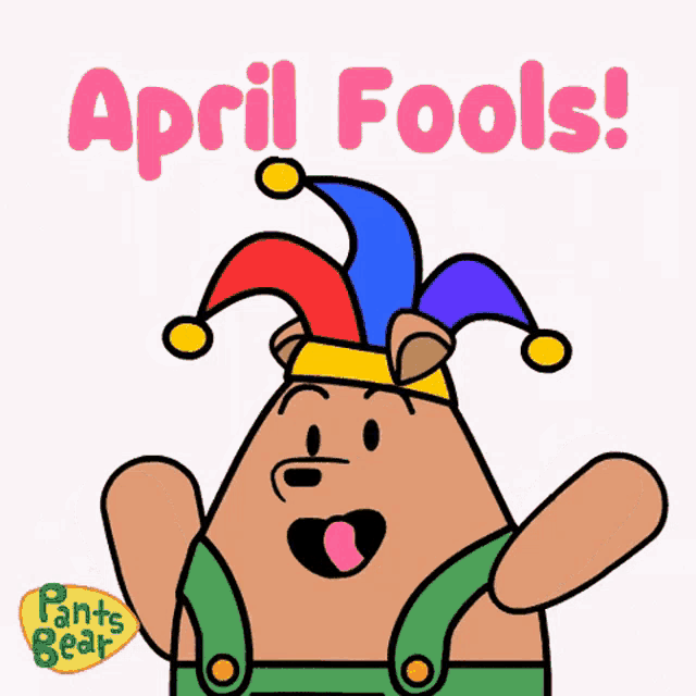 a cartoon of a bear wearing a jester hat with the words april fools written above it