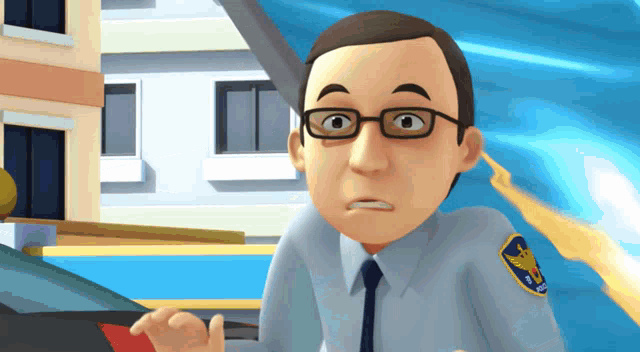 a cartoon man wearing glasses and a police badge