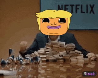 a man sitting at a table with a stack of money and a netflix sign behind him