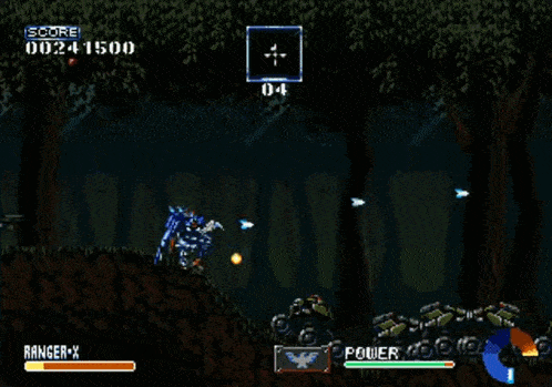 a video game screen shows a ranger x flying through the air with mountains in the background