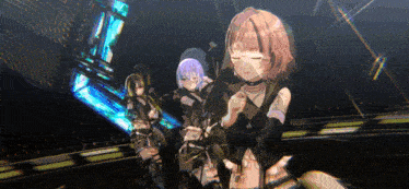 a group of anime girls standing in a dark room with their eyes closed