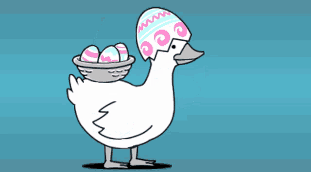 a cartoon of a duck holding a basket of eggs