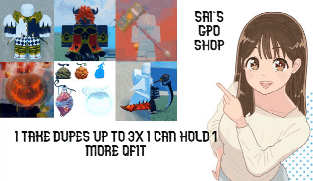 a girl is pointing at a collage of images with the words sai 's gpo shop