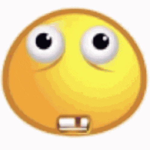 a close up of a yellow smiley face with big eyes and a tooth .
