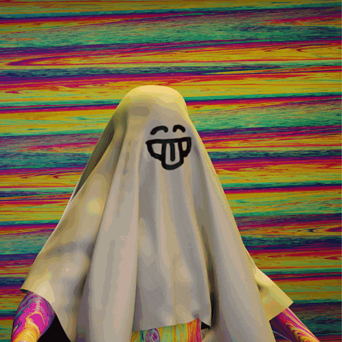 a ghost covered in a white sheet with a colorful background