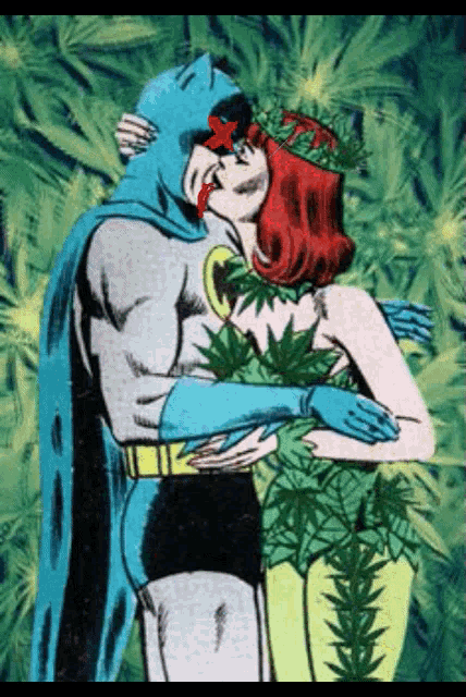 batman and poison ivy kissing in a comic book