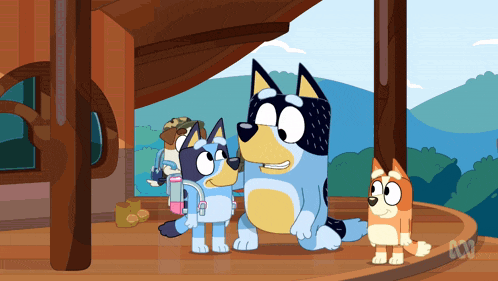 a group of cartoon dogs are standing on a porch with the abc logo in the corner