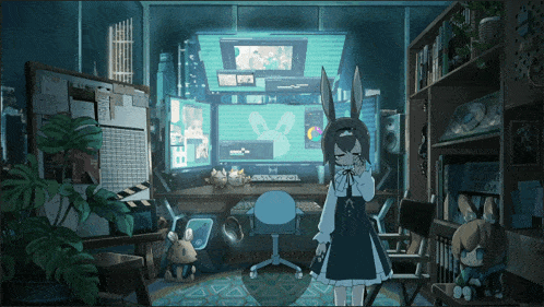 a girl in a blue dress stands in front of a computer monitor with a rabbit on it