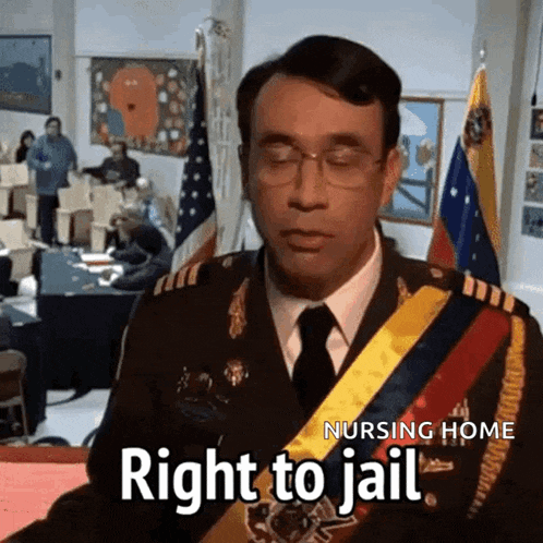 a man in a military uniform with a sash that says right to jail on it