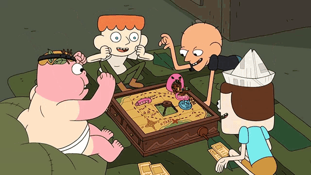 a group of cartoon characters are playing a board game that says " start " on it