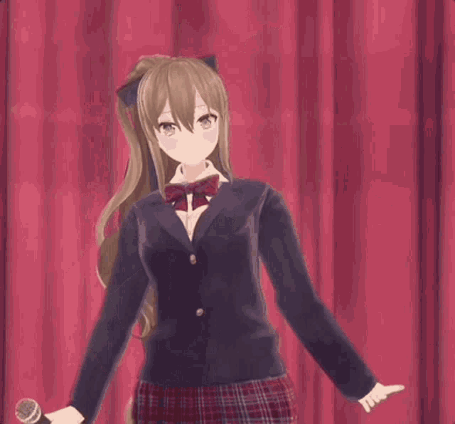 a cartoon character is holding a microphone with a red curtain in the background