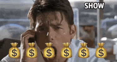 a man is talking on a cell phone with bags of money in front of him and the words show above him