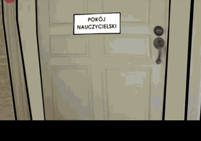 a cartoon drawing of a woman standing in front of a door that says pokoj nauczycielski