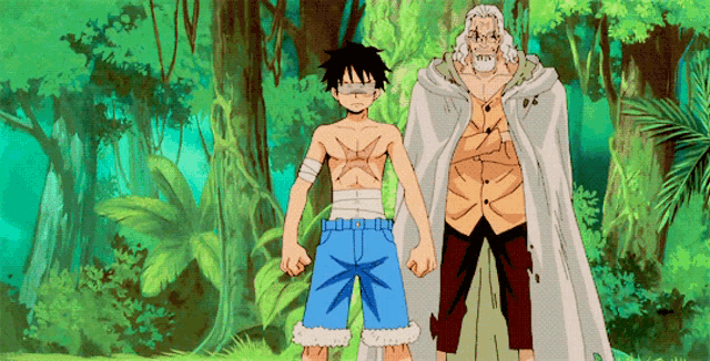two anime characters are standing next to each other in a jungle .