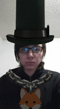 a woman wearing glasses and a top hat is chained to a fox