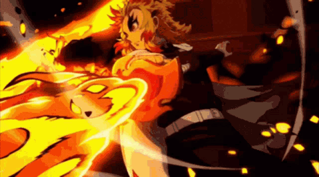 a cartoon character is surrounded by flames and is fighting another character .