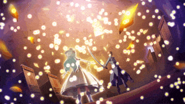 a man and a woman are standing next to each other with a sword in their hand