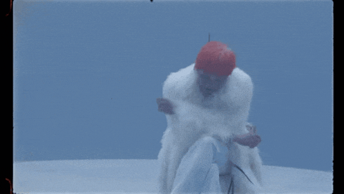 a person in a white fur coat with a red hat on