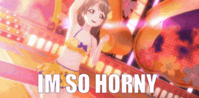 a girl in a bikini is dancing on a stage with the words `` im so horny '' written on the bottom .