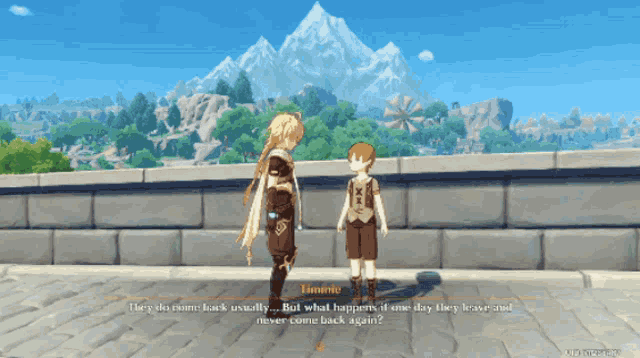 a screenshot of a video game shows a man and a boy talking