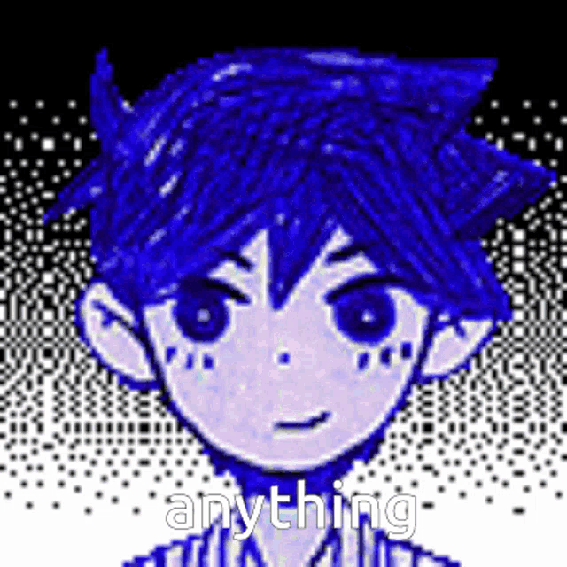 a pixel art of a boy with blue hair and the words `` anything '' written below him .