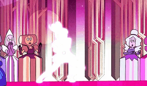 a group of cartoon characters standing next to each other in a room with a purple background .