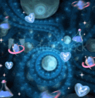a computer generated image of hearts and planets in a dark blue space