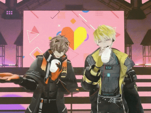 two anime characters standing next to each other and one has the number 83 on his jacket