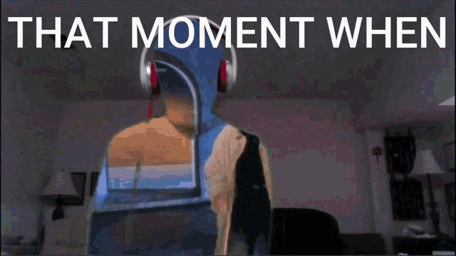 a picture of a person with headphones and the words that moment when above them
