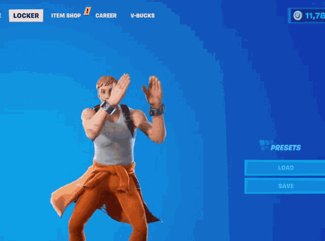 a man in a white tank top and orange pants is standing in front of a blue background with a load and save button