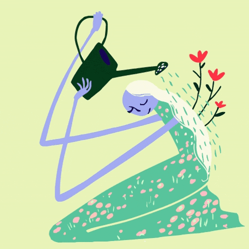 a cartoon drawing of a woman watering flowers with a watering can
